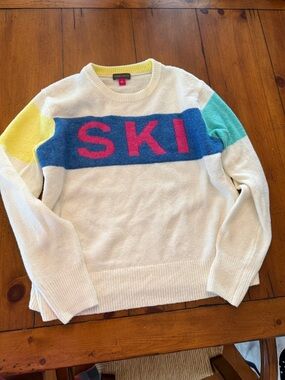 Vince Camuto White Crewneck Sweater with Blue Chest Panel & Pink Lettering